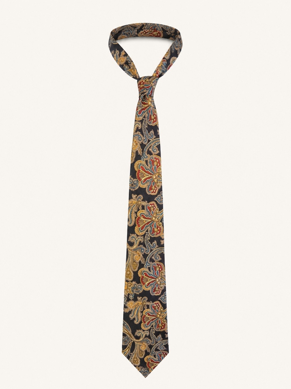 Silk Dark Navy Paisley Tie with Red and Gold Details - Tall